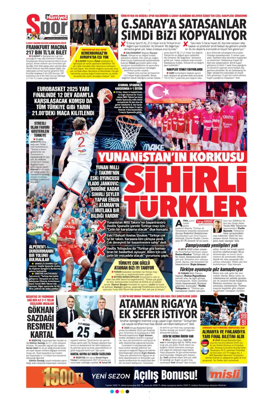 "Aslan'a yeni Mertens" (11 Eylül spor manşetleri) 10