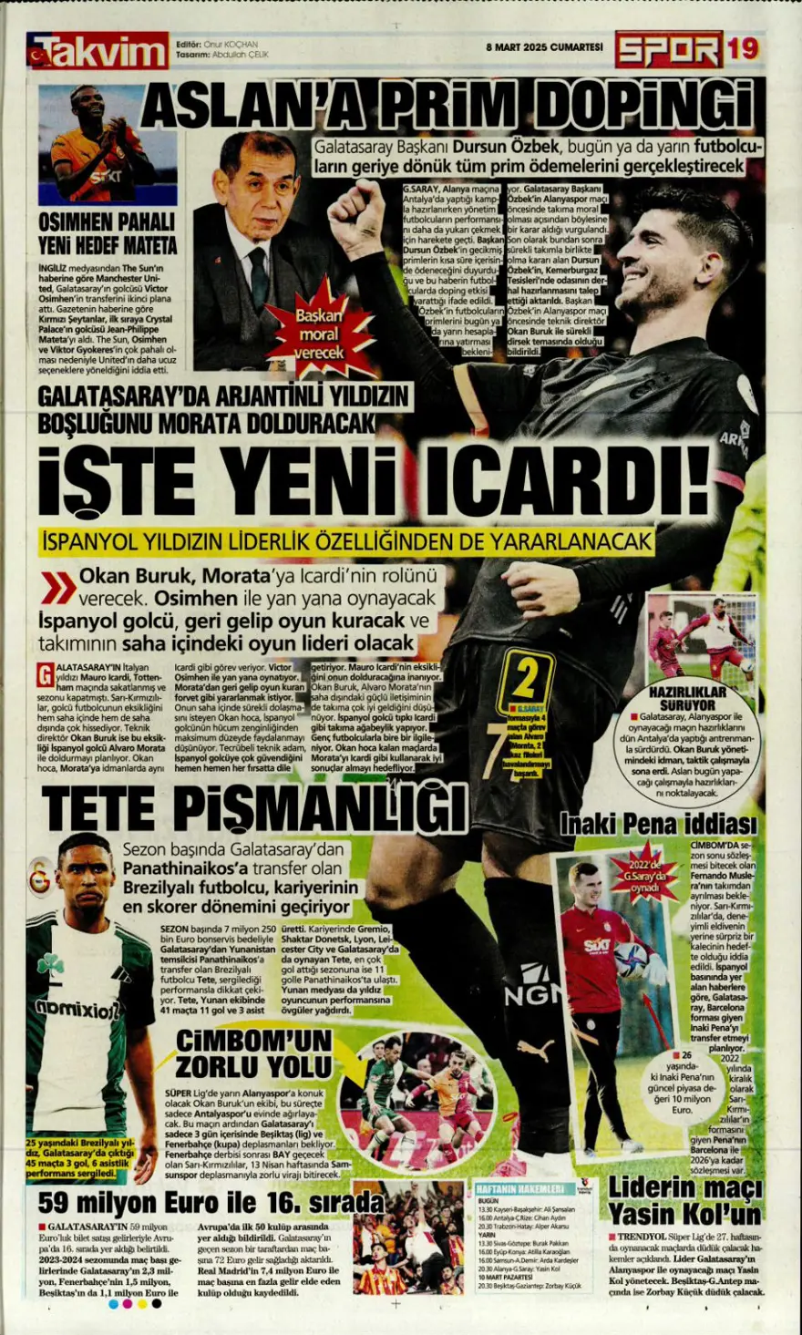 "Fatura Mourinho'ya" (8 Mart 2025 spor manşetleri) 13 "Fatura Mourinho'ya" (8 Mart 2025 spor manşetleri) 13