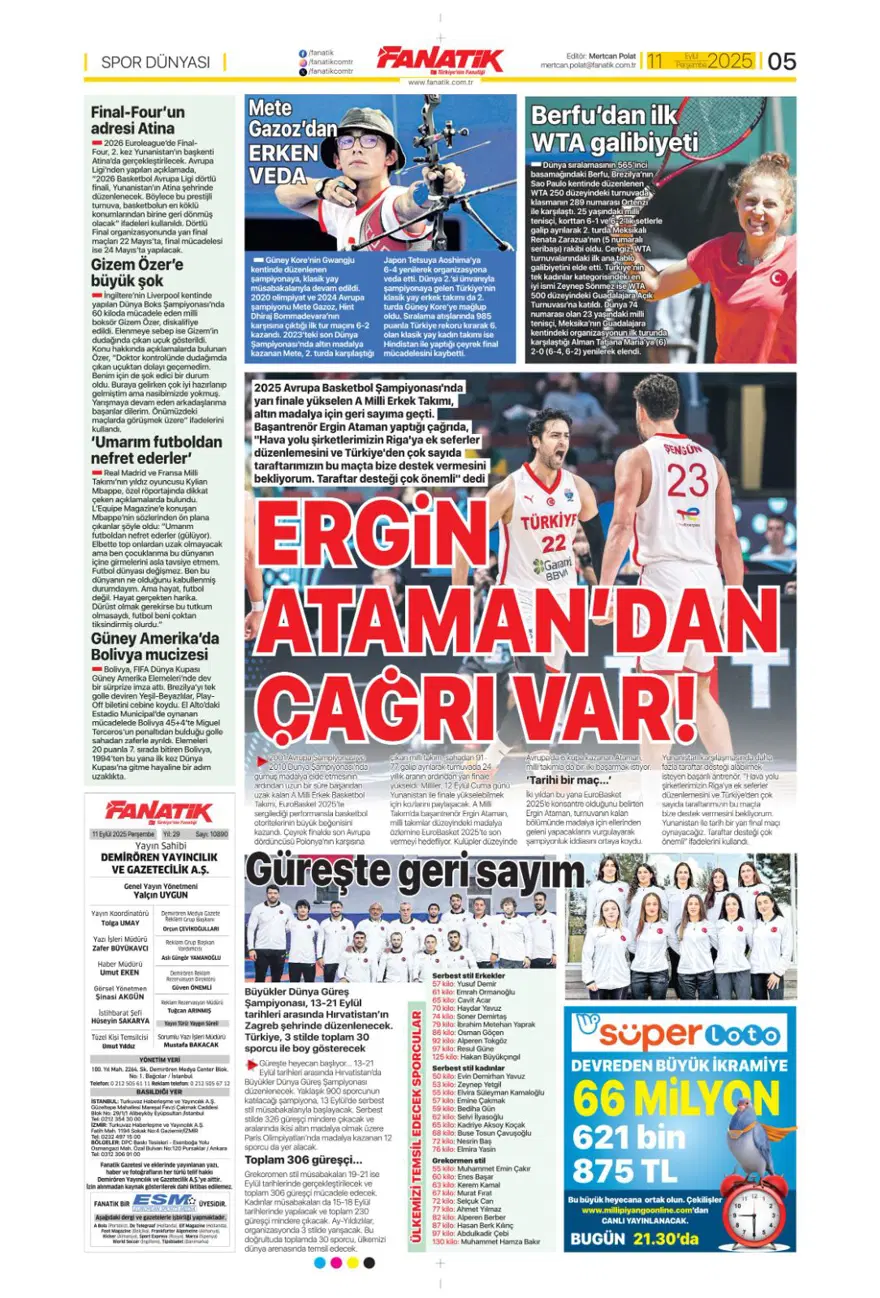 "Aslan'a yeni Mertens" (11 Eylül spor manşetleri) 6