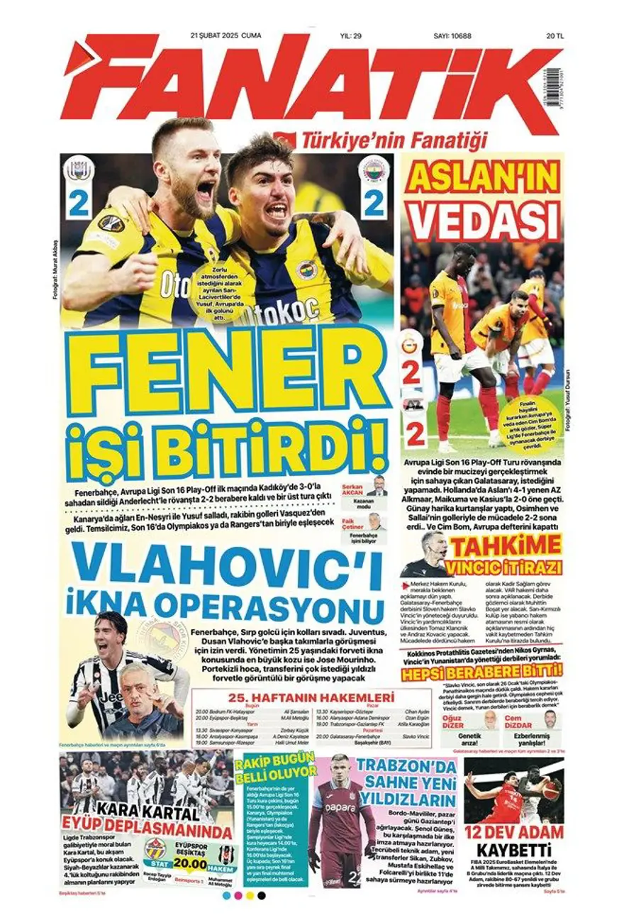 "Fener işi bitirdi" (21 Şubat 2025 spor manşetleri) 