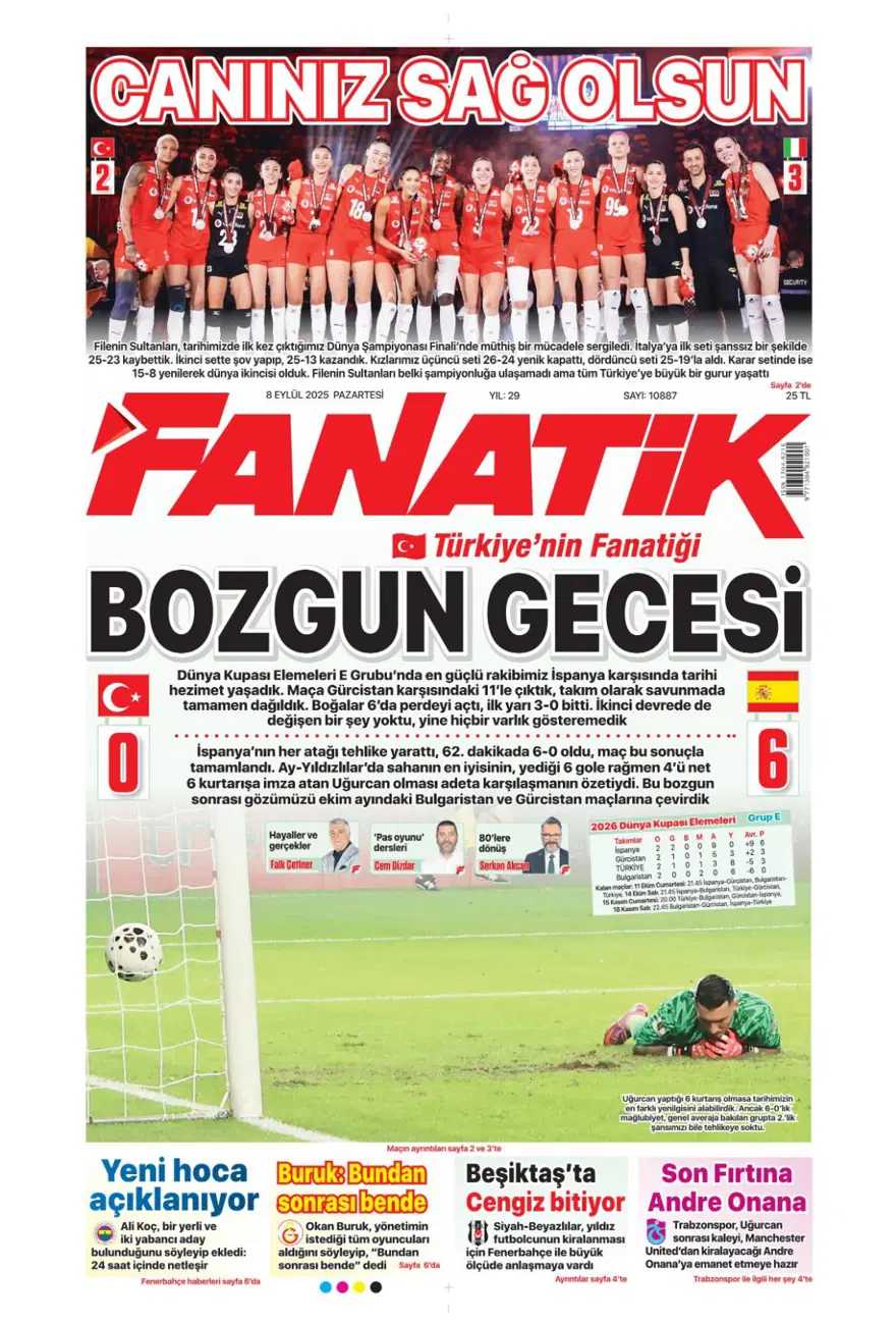 "Bozgun gecesi" (8 Eylül spor manşetleri) "Bozgun gecesi" (8 Eylül spor manşetleri)