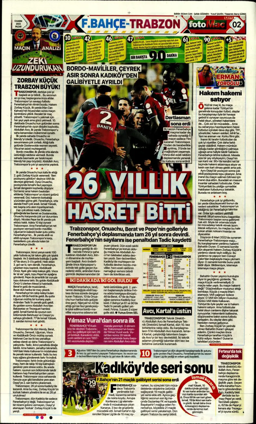 "26 yıllık hasret bitti" (5 Kasım 2023 spor manşetleri) 