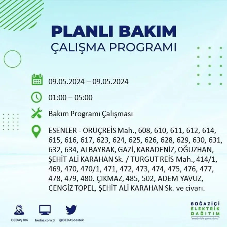 İstanbul'un 18 ilçesinde elektrik kesintisi: Elektrikler ne zaman gelecek? (9 Mayıs tarihli BEDAŞ kesinti programı) 18 İstanbul'un 18 ilçesinde elektrik kesintisi: Elektrikler ne zaman gelecek? (9 Mayıs tarihli BEDAŞ kesinti programı) 18