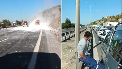 TEM Otoyolu'nda mıcır yüklü TIR devrildi: Trafik kilitlendi