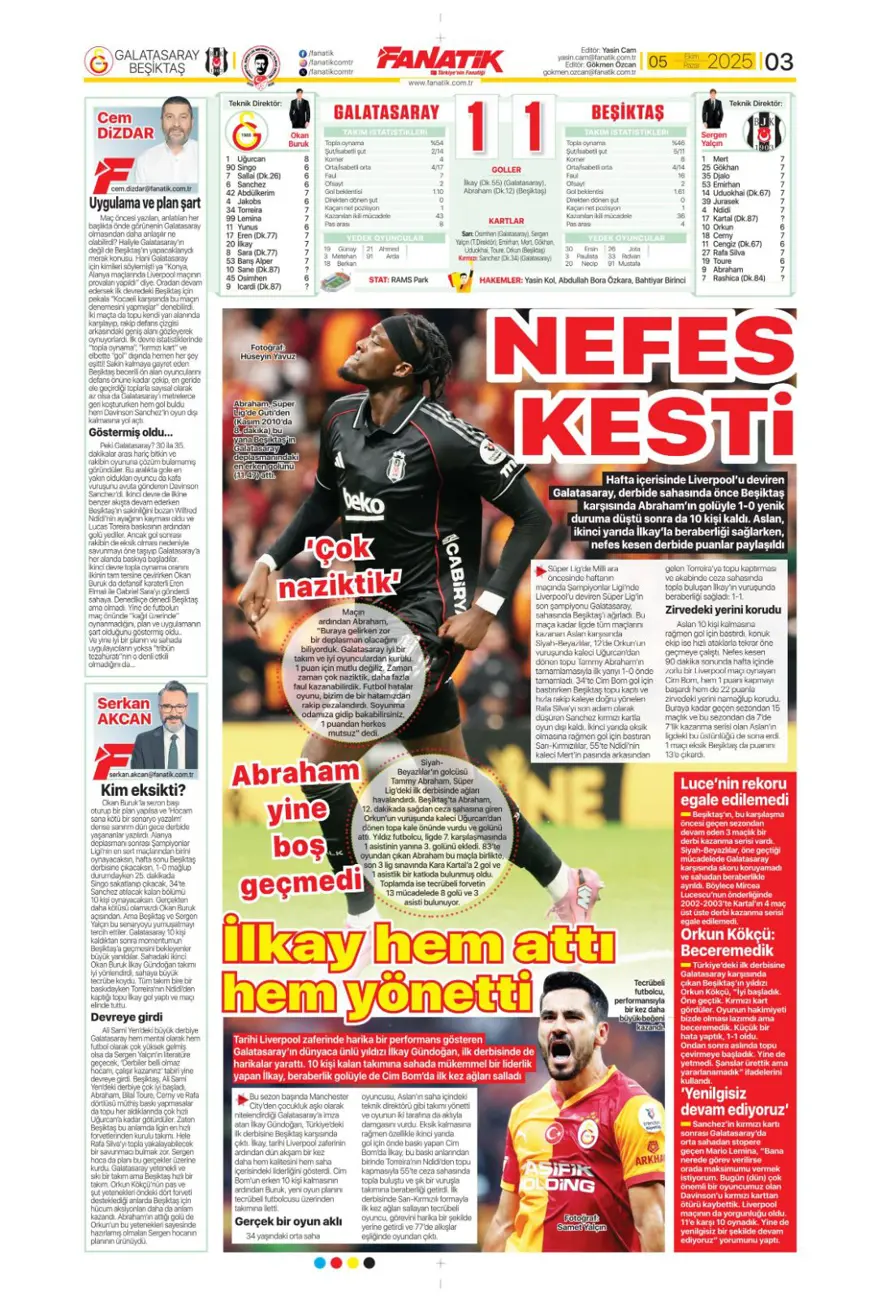 "Kartal salladı, Aslan yıkılmadı" (5 Ekim 2025 spor manşetleri) 2