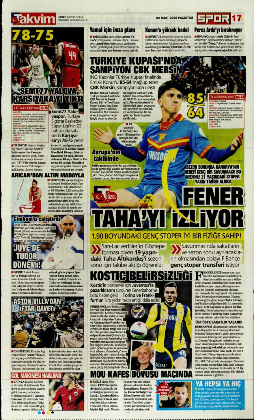 "Türkiye devler liginde" (24 Mart 2025 spor manşetleri) 12