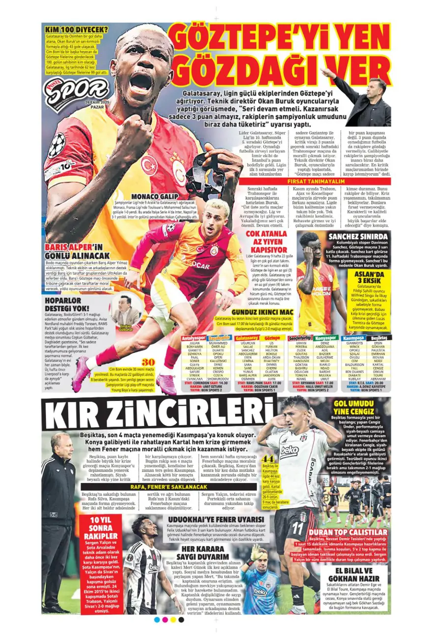"Dörtlüleri yaktı, Aslan'ı bekliyor" (26 Ekim 2025 spor manşetleri) 16