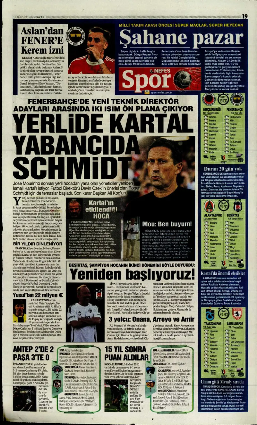 "Ya Kartal ya Schmidt" (31 Ağustos spor manşetleri) 11