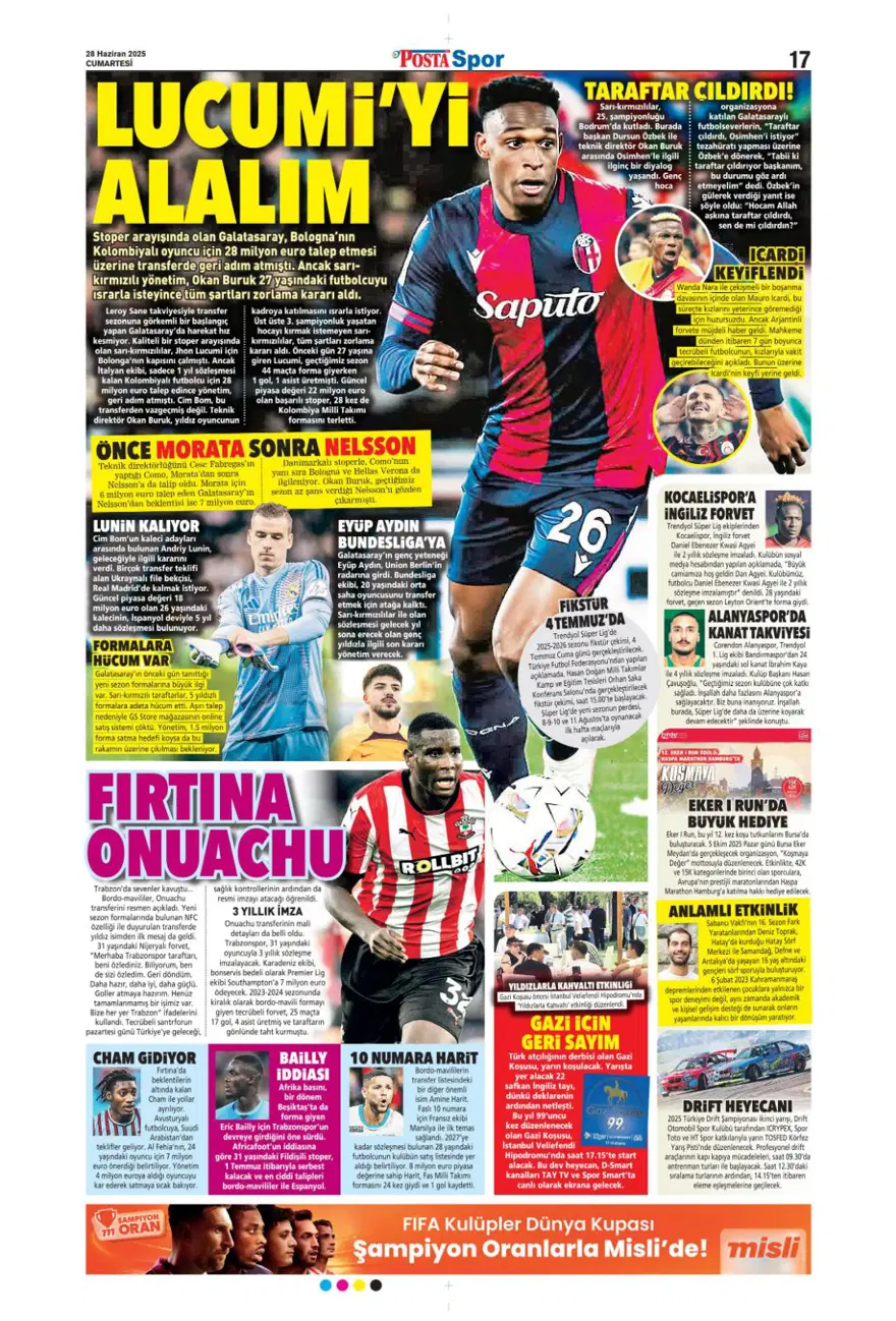 "Kolombiya seferi" (28 Haziran 2025 spor manşetleri) 10