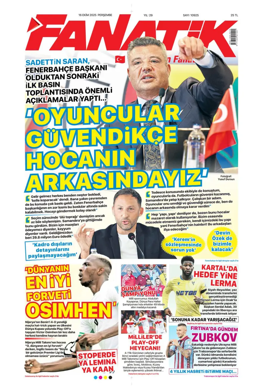 "İrfan Can bombası" (16 Ekim 2025 spor manşetleri) 
