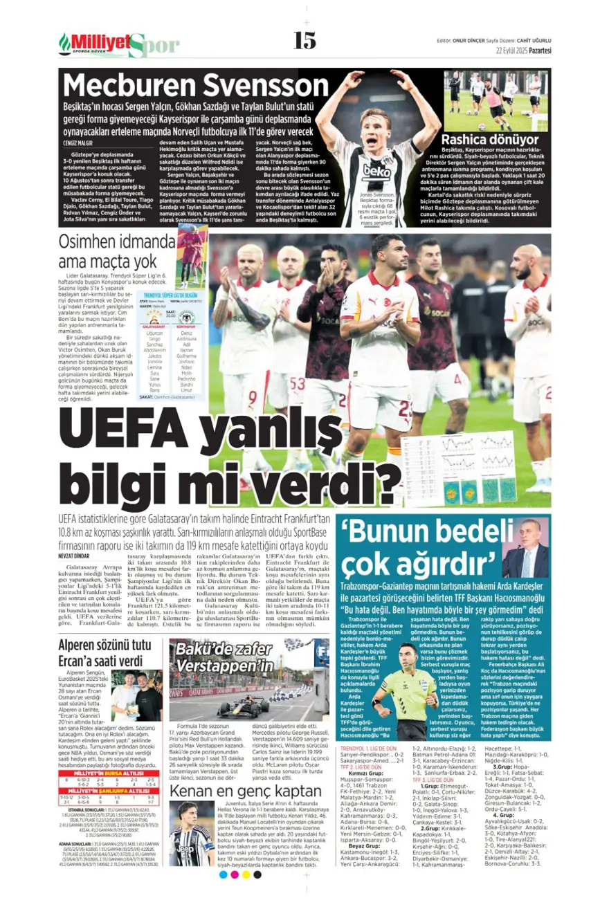 "Başkanı değişti, kaderi değişmedi" (22 Eylül spor manşetleri) 15