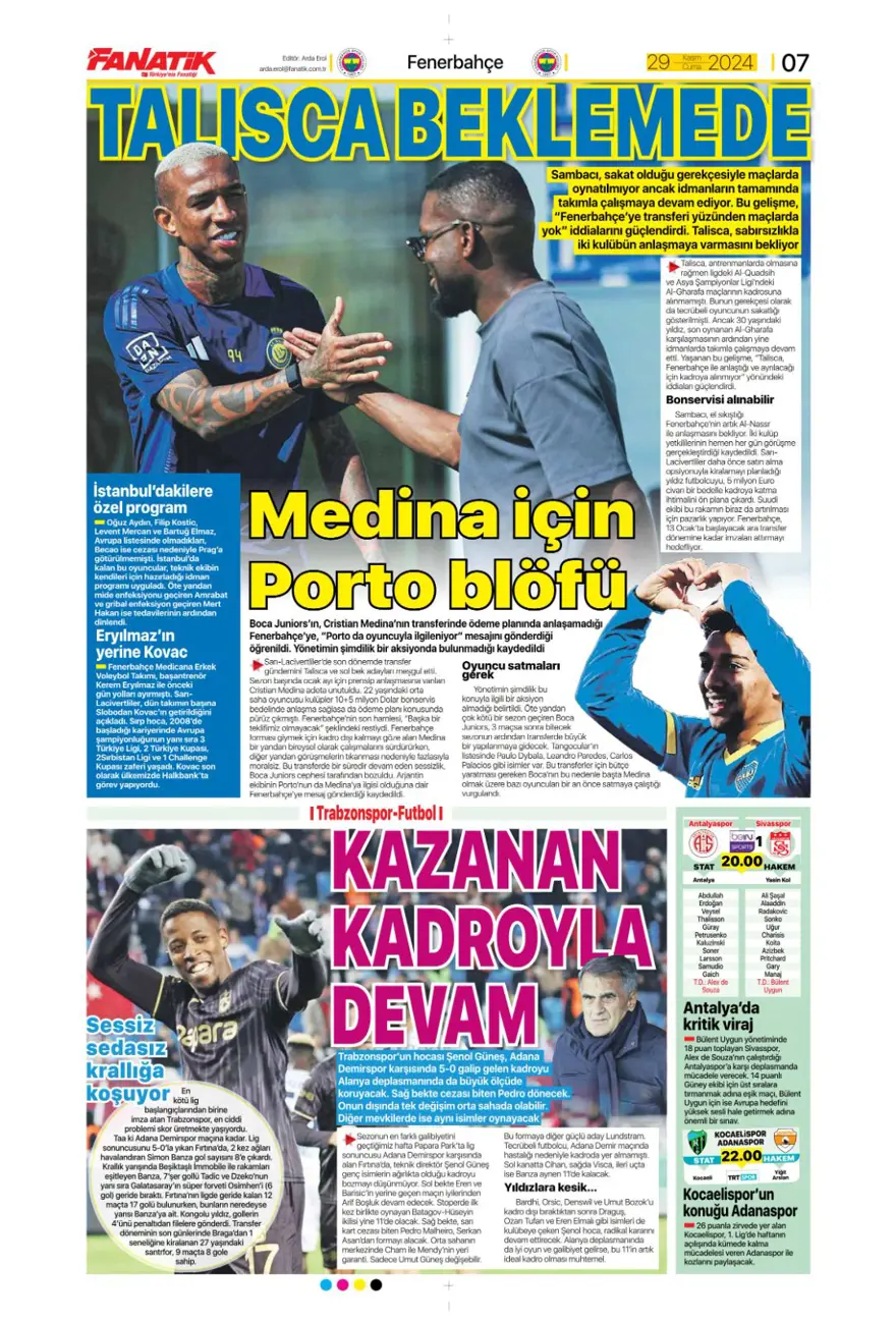 "Avrupa'da Fener alayı" (29 Kasım 2024 spor manşetleri) 10