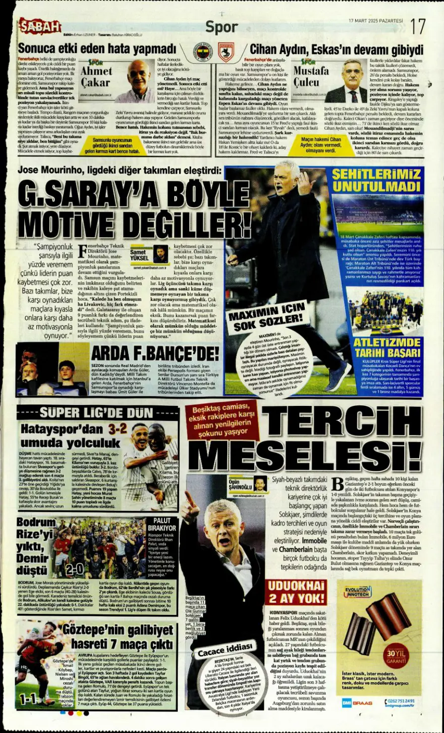 "Üç günde rüyadan kabusa" (17 Mart 2025 spor manşetleri) 9