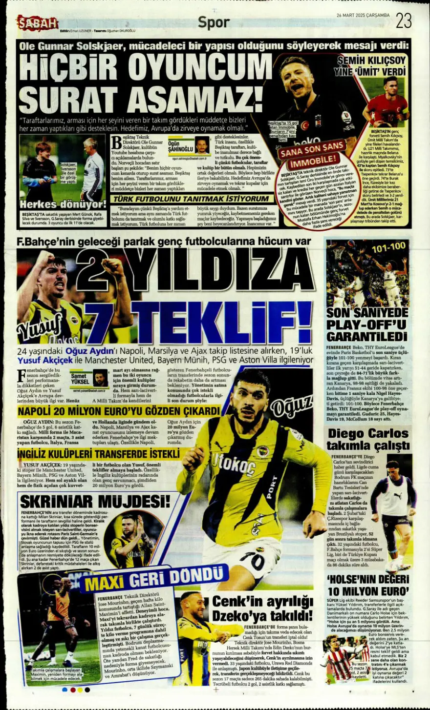 "Mourinho, Sancho'yu istedi" (26 Mart 2025 spor manşetleri) 7