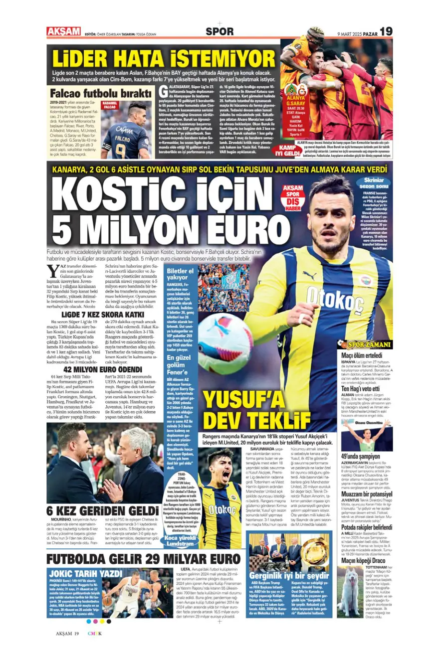 "1 numaralı büyük plan" (9 Mart 2025 spor manşetleri) 2