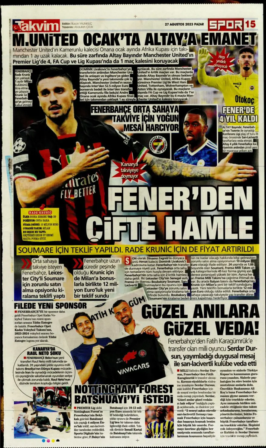 "Çilek transferler için nefesler tutuldu" (27 Ağustos 2023 spor manşetleri) 18 "Çilek transferler için nefesler tutuldu" (27 Ağustos 2023 spor manşetleri) 18