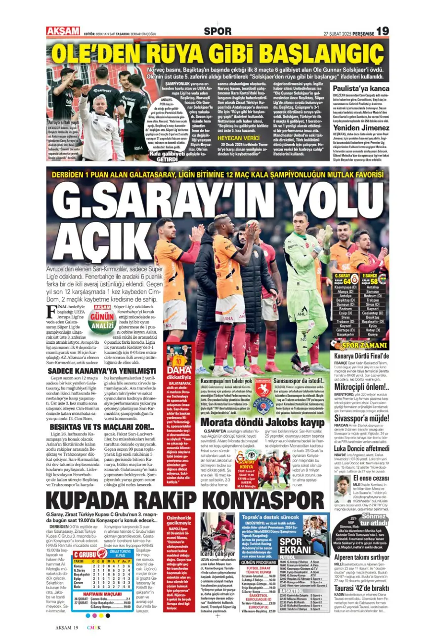 "Derbinin ardından gözler kupada" (27 Şubat 2025 spor manşetleri) 5