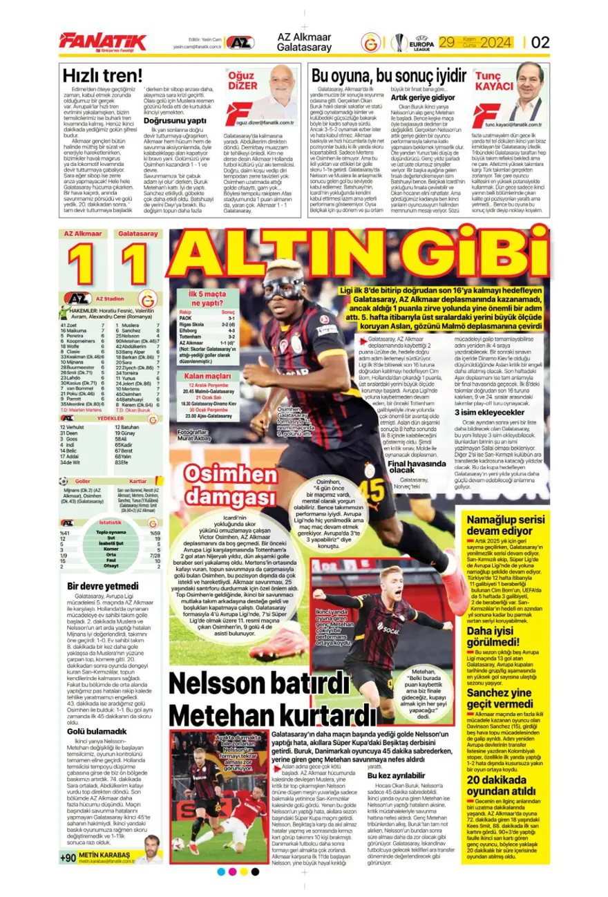 "Avrupa'da Fener alayı" (29 Kasım 2024 spor manşetleri) 5