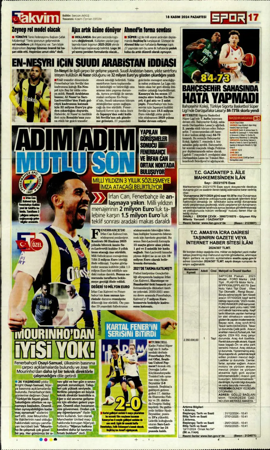 “Fenerbahçe’de dev takas” (18Kasım 2024 spor manşetleri) 32