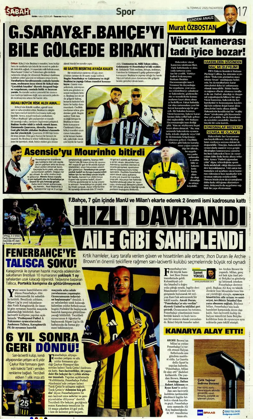 "Pasta Asensio, çilek Bissouma" (14 Temmuz 2025 spor manşetleri) 17