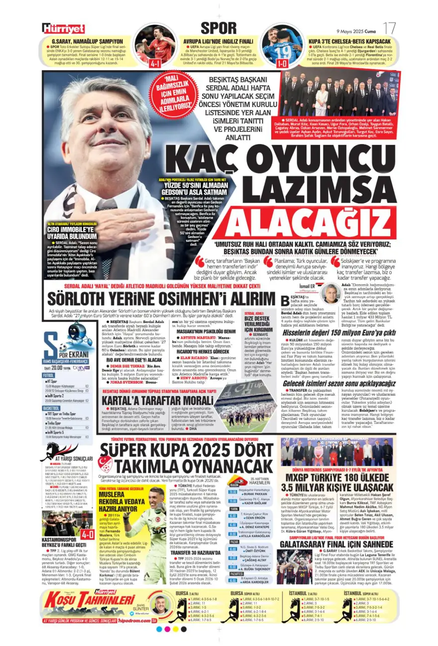 "Galatasaray 10'un peşini bırakmıyor" (9 Mayıs 2025 spor manşetleri) 19