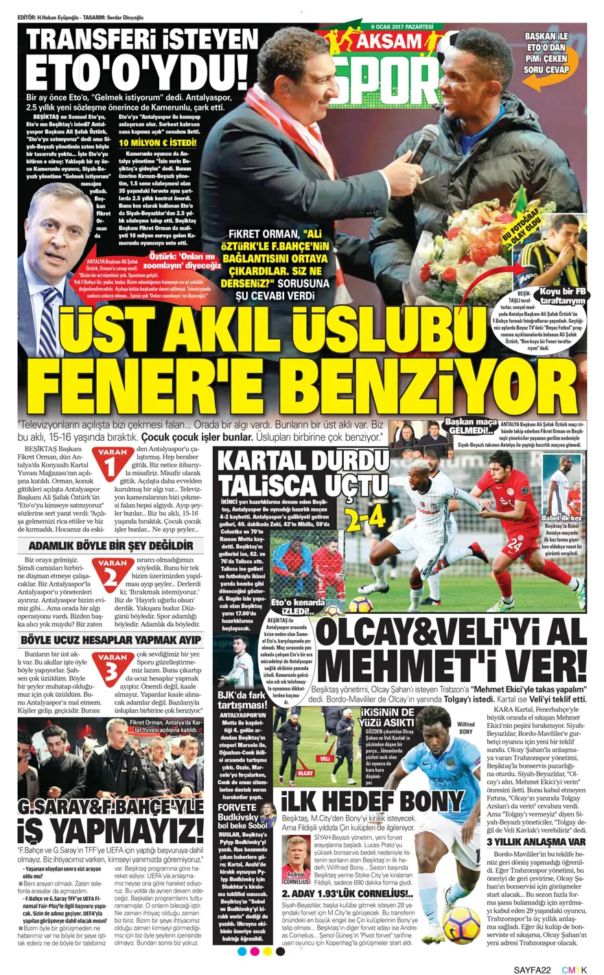 Günün spor manşetleri (09 Ocak 2017) 1