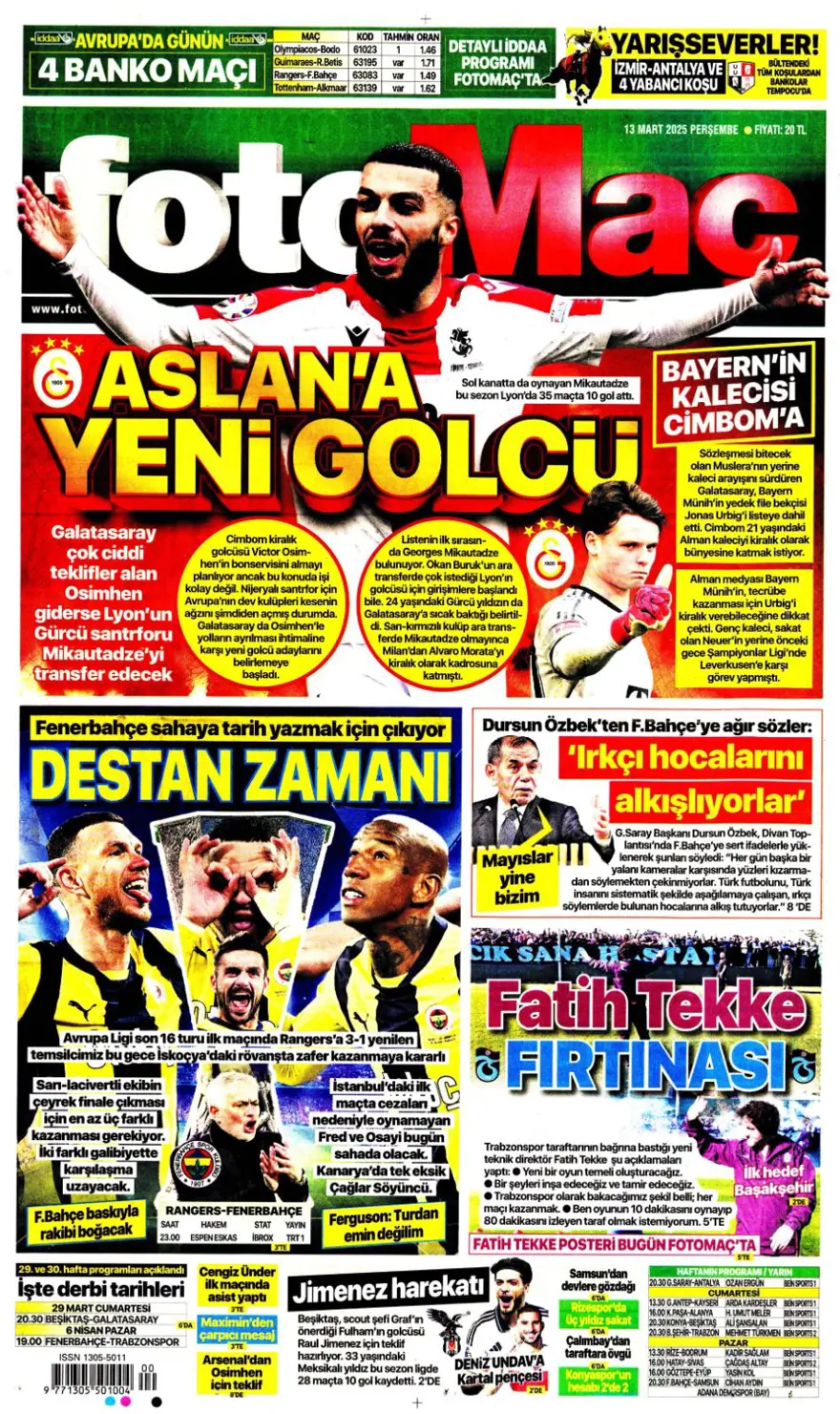"Haydi Fener turla gel" (13 Mart 2025 spor manşetleri) 11