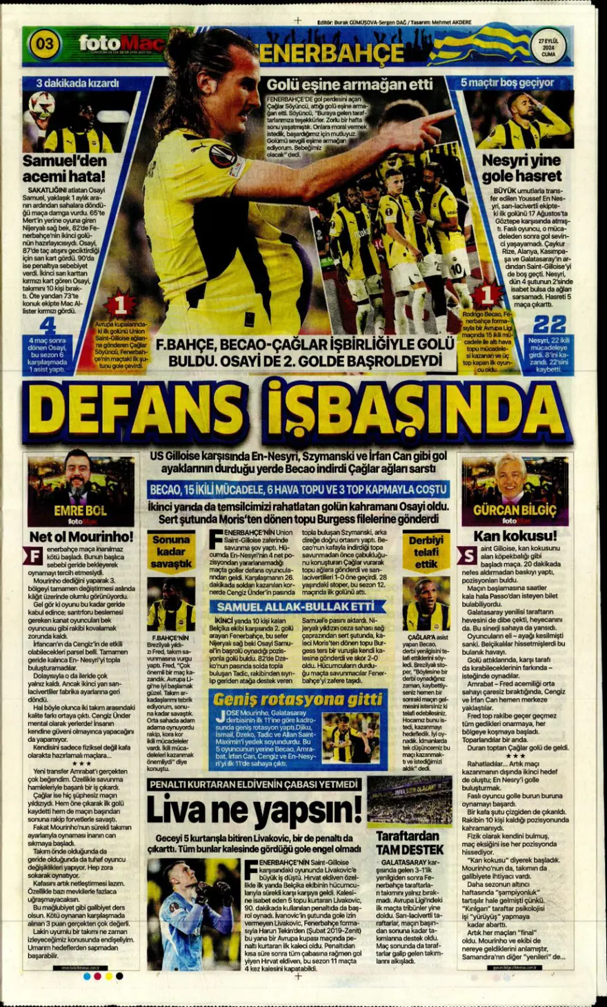 "Fener'de pansuman, Kartal darmadağın" (27 Eylül 2024 spor manşetleri) 3