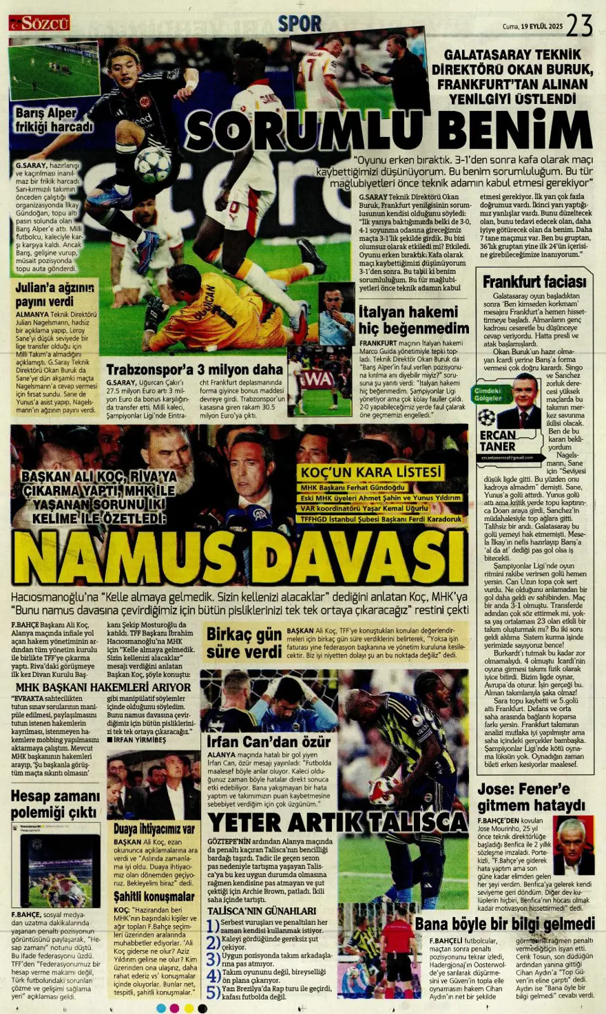 "Kabus gibi başlangıç" (19 Eylül spor manşetleri) 21