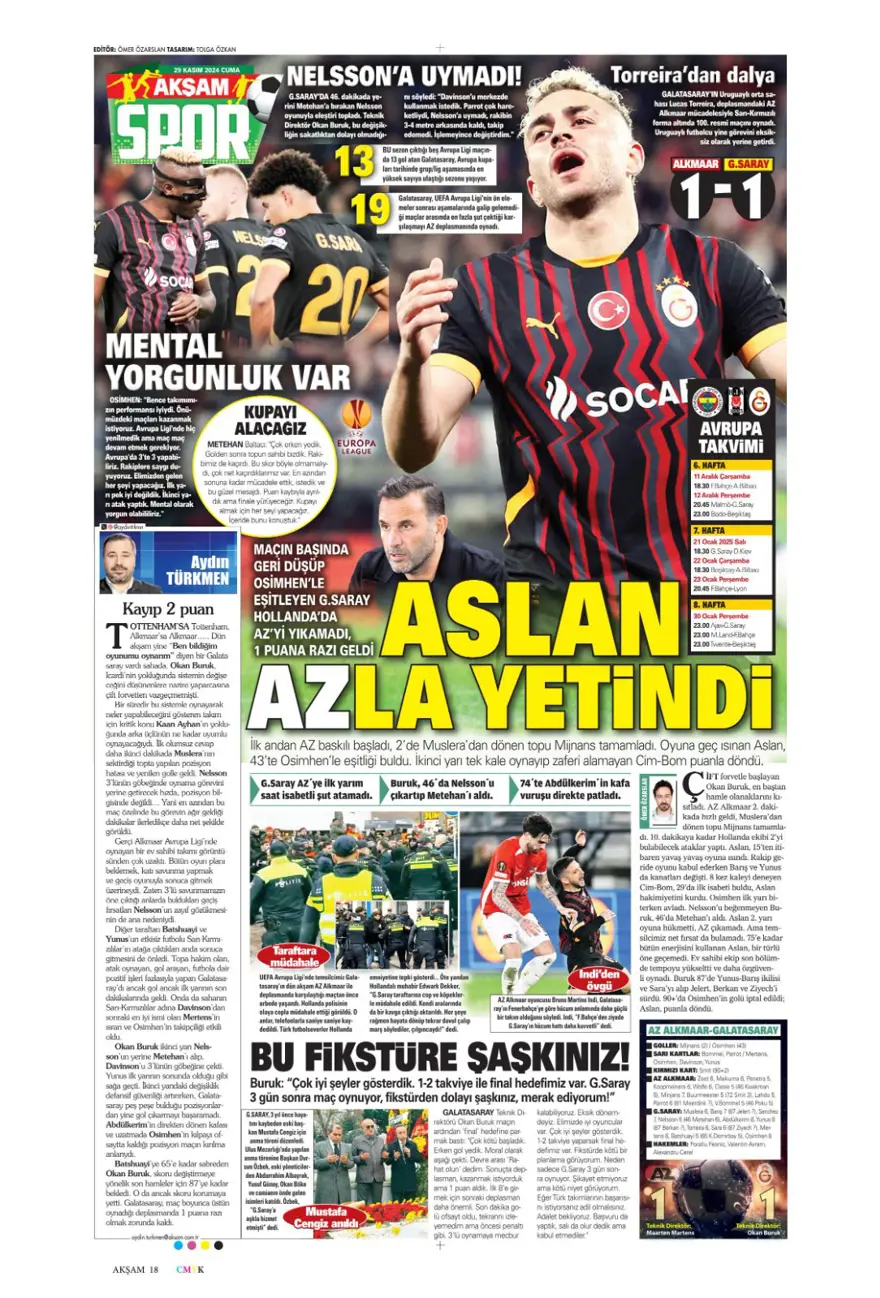 "Avrupa'da Fener alayı" (29 Kasım 2024 spor manşetleri) 2