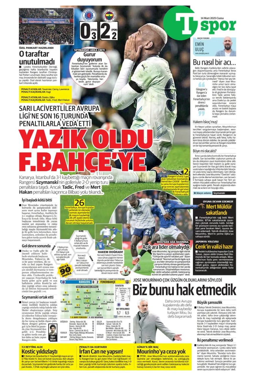 "Yazık oldu" (14 Mart 2025 spor manşetleri) 15