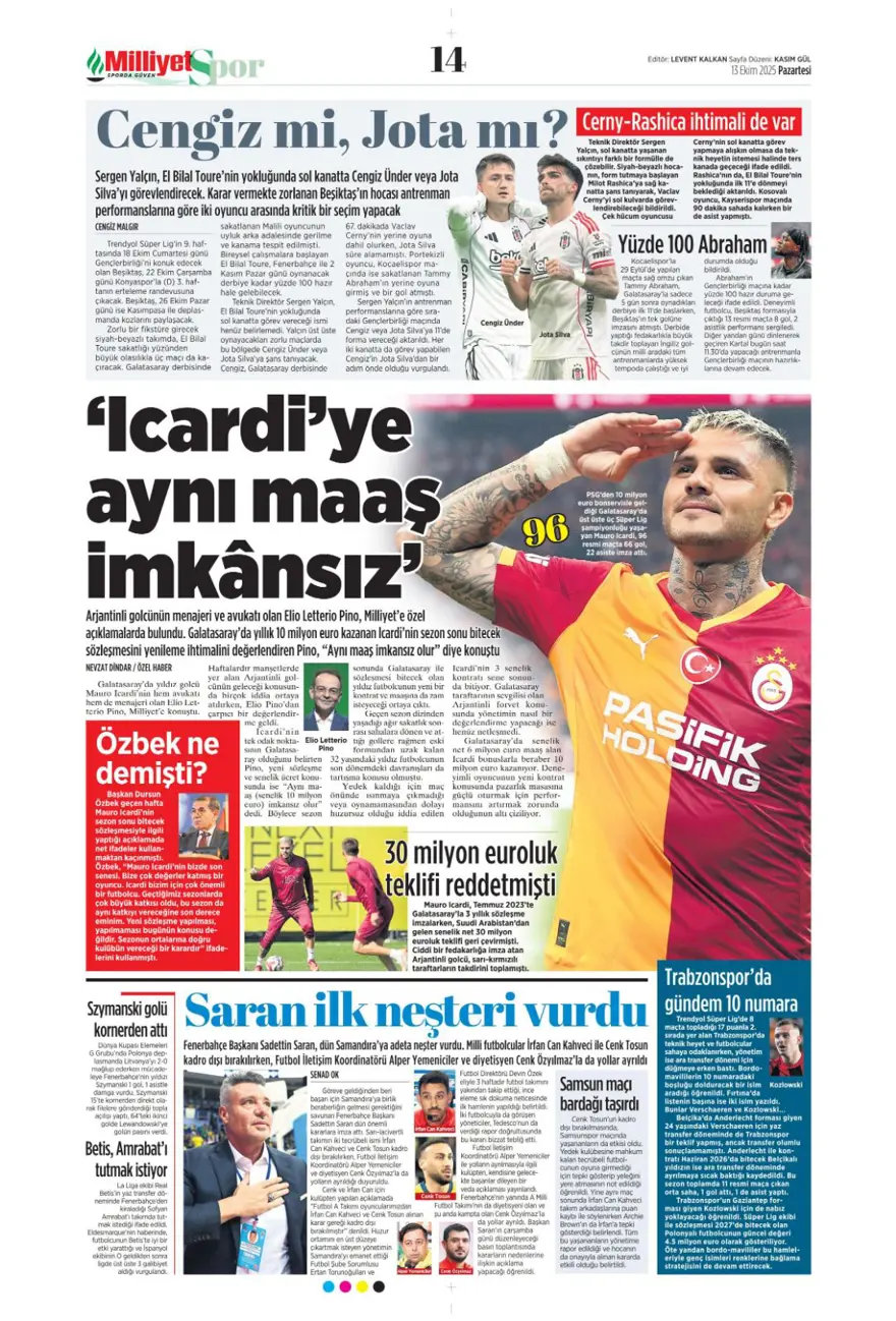 "Bayern'in dinamosu Fener'e..." (13 Ekim 2025 spor manşetleri) 8