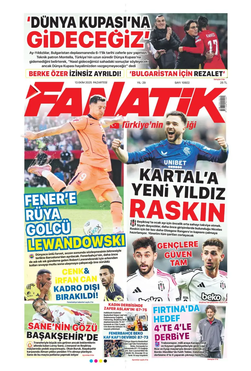 "Bayern'in dinamosu Fener'e..." (13 Ekim 2025 spor manşetleri) 