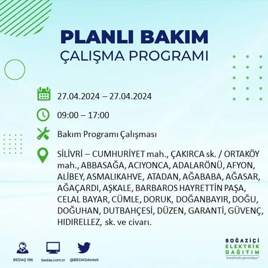 İstanbul'un 20 ilçesinde elektrik kesintisi: Elektrikler ne zaman gelecek? (27 Nisan tarihli BEDAŞ kesinti programı) 54 İstanbul'un 20 ilçesinde elektrik kesintisi: Elektrikler ne zaman gelecek? (27 Nisan tarihli BEDAŞ kesinti programı) 54