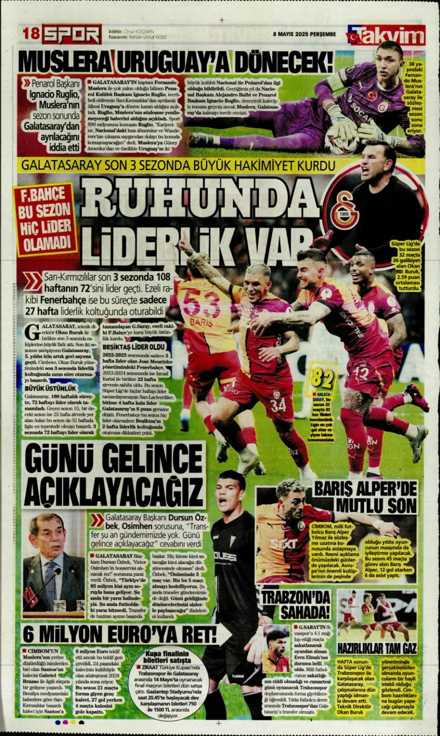 "Alacağım yok, borcum var" (8 Mayıs 2025 spor manşetleri) 21