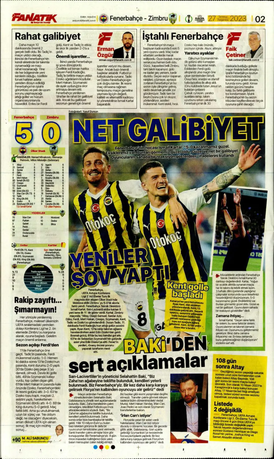 "Hücumda joker Rebic" günün spor manşetleri (27 Temmuz 2023) 4