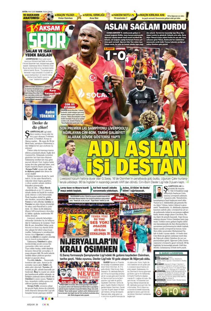"Adı Aslan, işi destan" (1 Ekim 2025 spor manşetleri) 