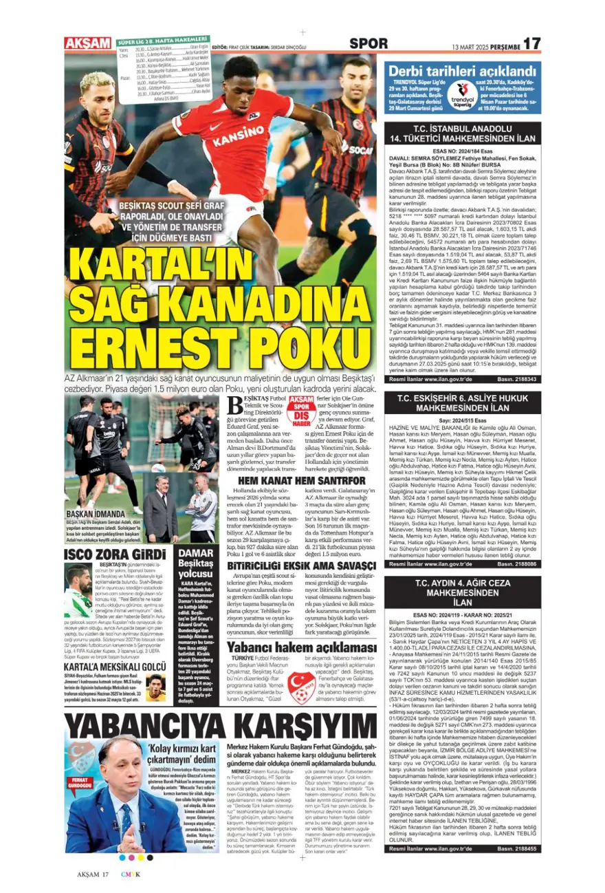 "Haydi Fener turla gel" (13 Mart 2025 spor manşetleri) 2
