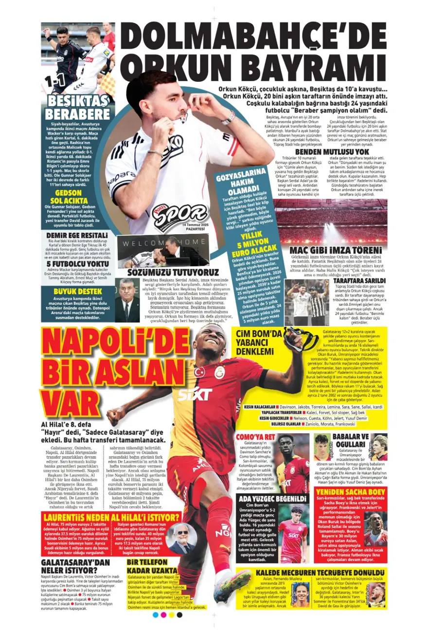 "Pasta Asensio, çilek Bissouma" (14 Temmuz 2025 spor manşetleri) 13
