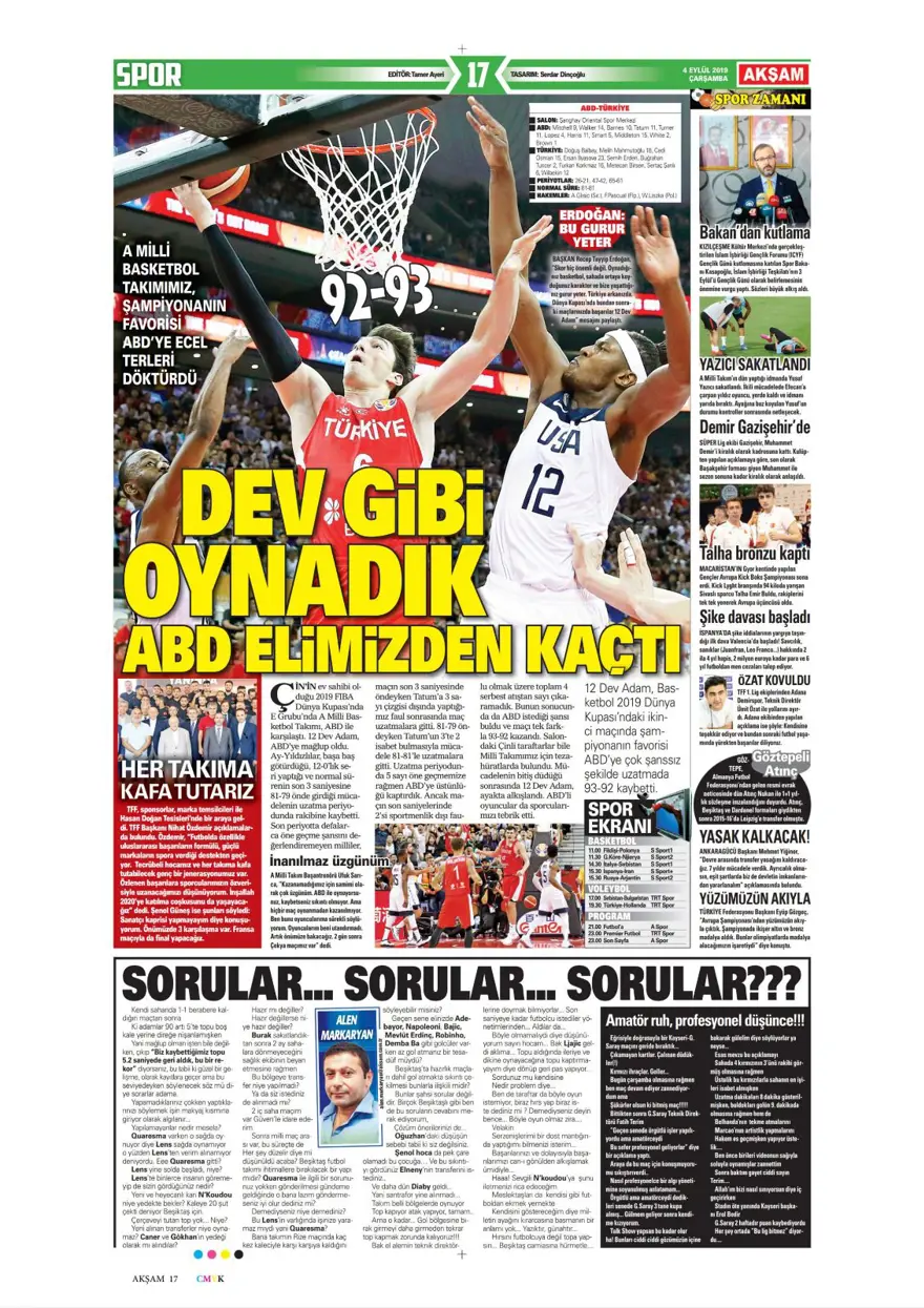 Günün spor manşetleri (04 Eylül 2019) 1