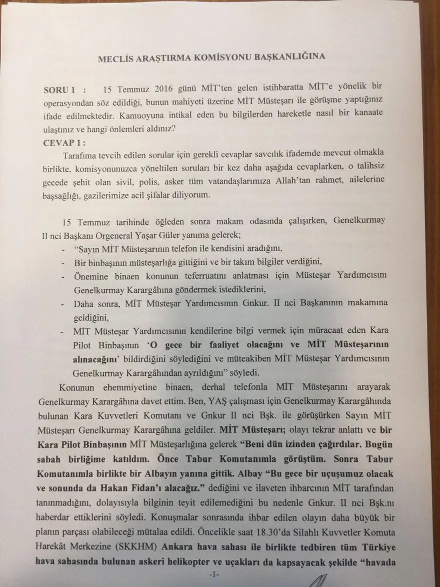 Hulusi Akar'ın darbe komisyonuna verdiği yanıtlar 