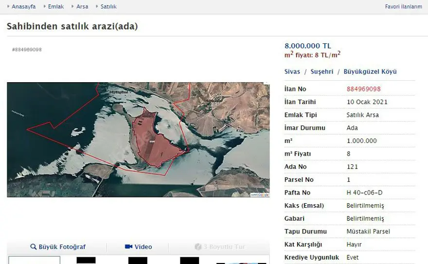 Baraj gölündeki ada, 8 milyon liraya satışta 2