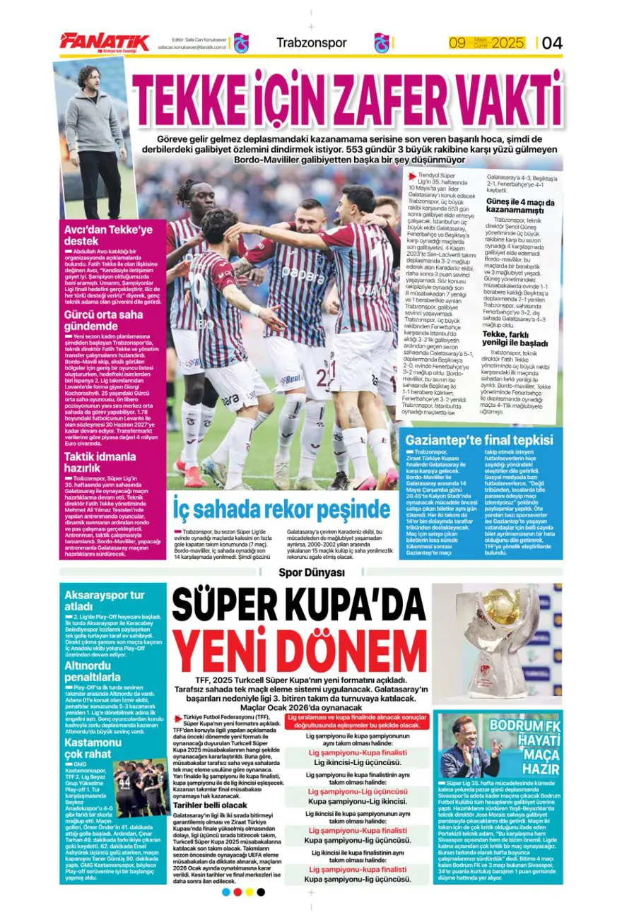 "Galatasaray 10'un peşini bırakmıyor" (9 Mayıs 2025 spor manşetleri) 8
