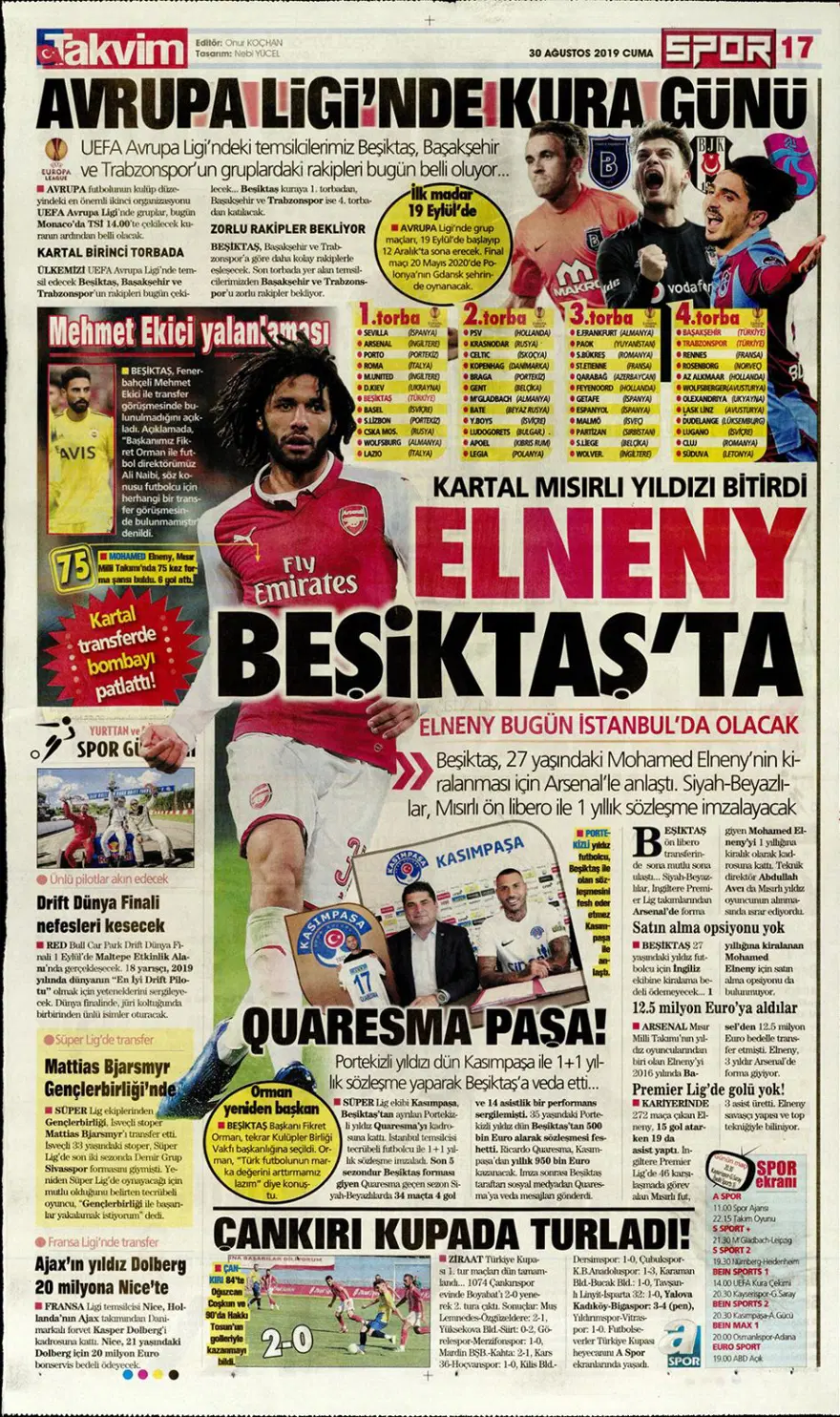 Günün spor manşetleri (30 Ağustos 2019) 1