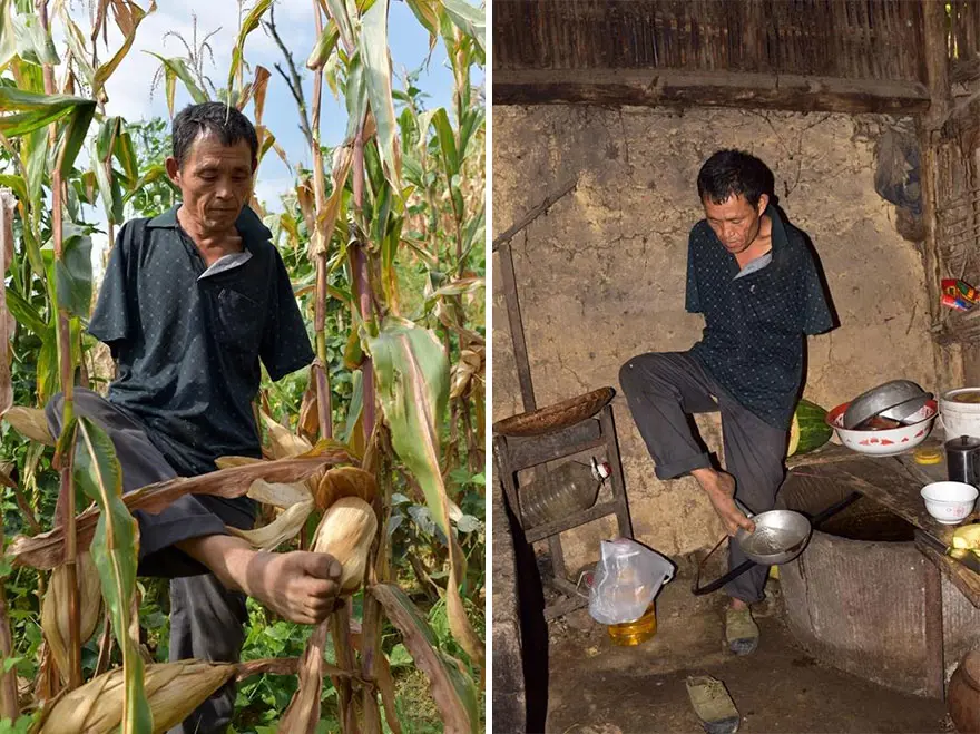 Kolsuz adam hasta annesini beslemek için ayakları ile çalışıyor 2 Kolsuz adam hasta annesini beslemek için ayakları ile çalışıyor 2