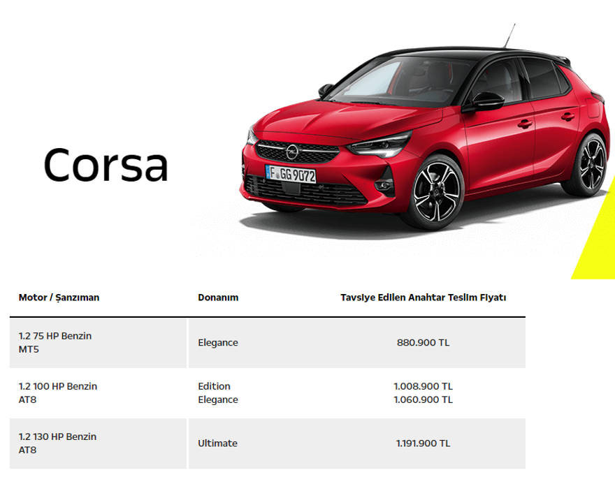 OPEL CORSA EYLÜL-EKİM-KASIM AYI FİYAT LİSTESİ 116