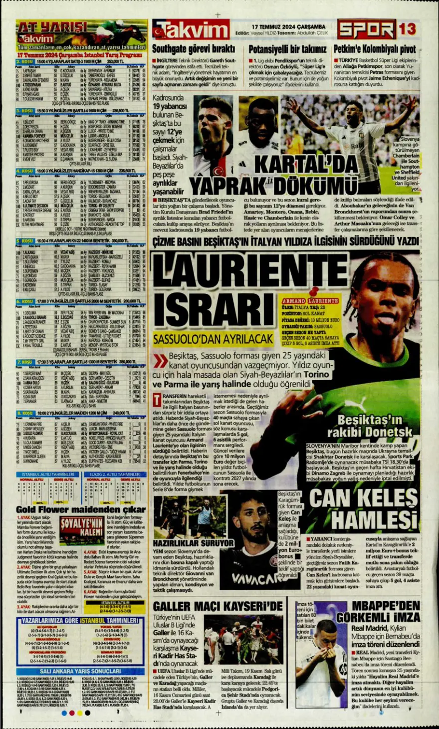 "Son aday Jelert" (17 Temmuz 2024 spor manşetleri) 11