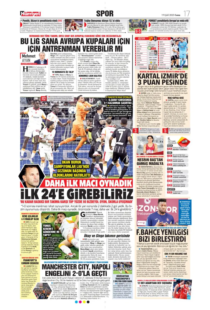 "Kabus gibi başlangıç" (19 Eylül spor manşetleri) 12