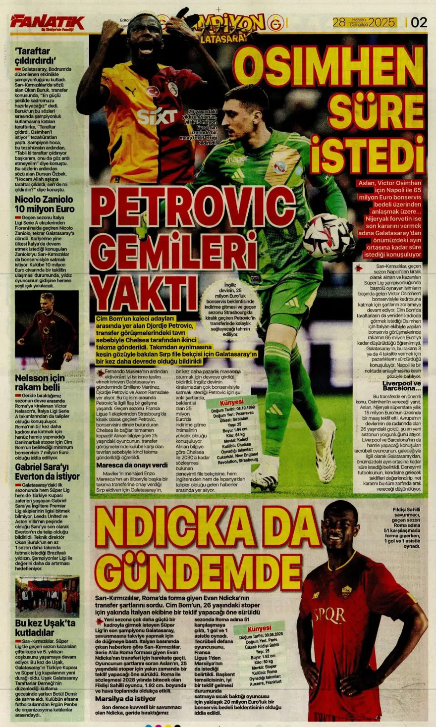 "Kolombiya seferi" (28 Haziran 2025 spor manşetleri) 1