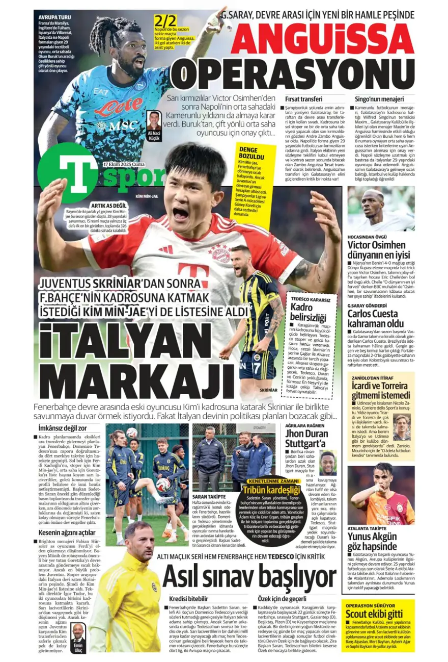 "Savic derbisi" (17 Ekim 2025 spor manşetleri) 17